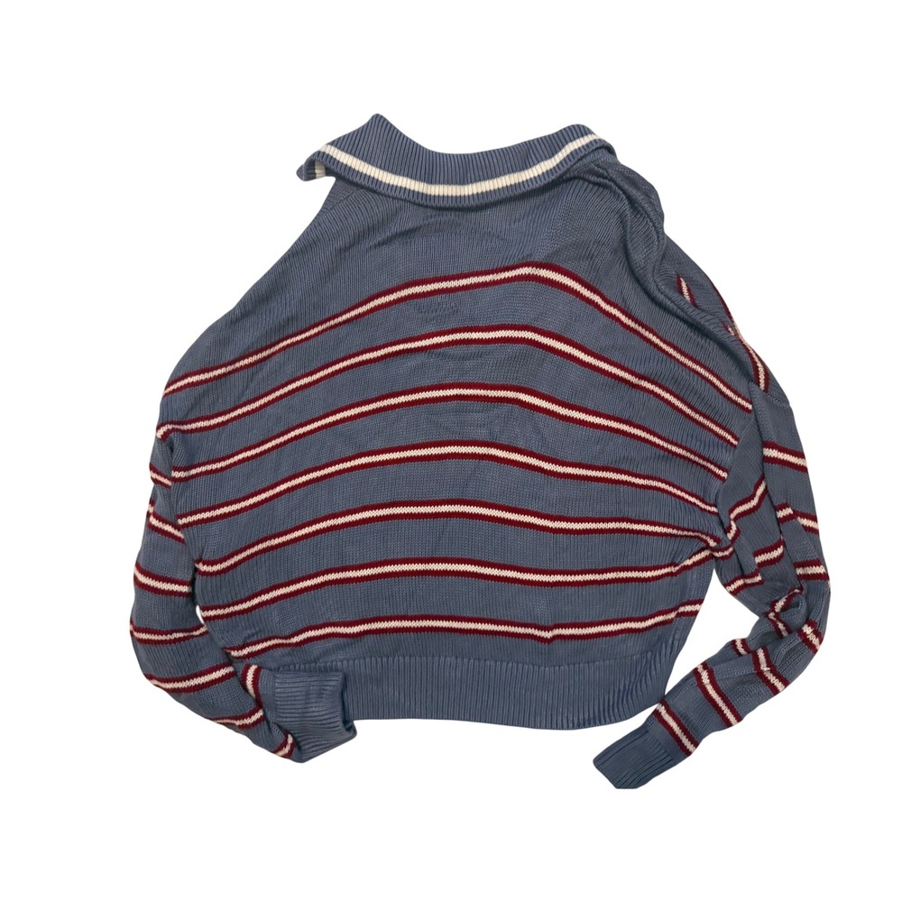 PINK Victorias Secret Cropped Polo Sweater Blue Striped Knit Pullover Large - Picture 3 of 5